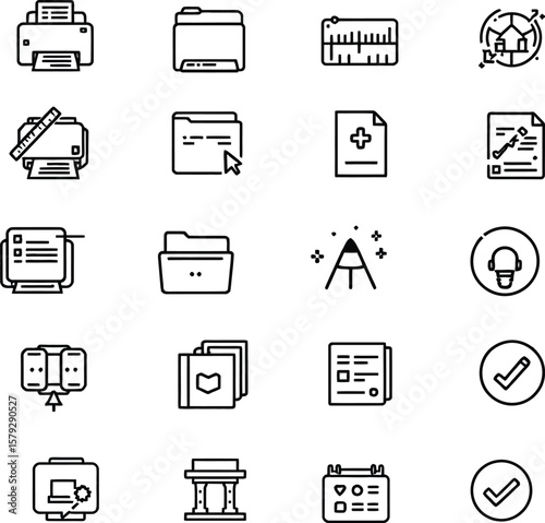 Office Interaction Icons  Monochrome Grid Featuring Printers, Folders, Diagrams, Charts, Headsets, Calendars, and Support Symbols for Workflows
