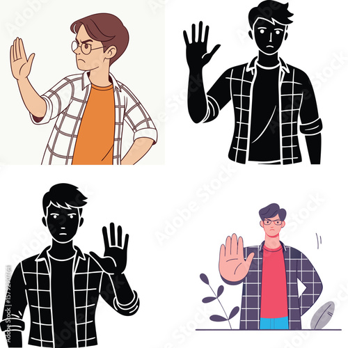 Man holding up hand in stop gesture with different artistic styles