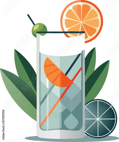Fresh Bakery and Pastry Refreshing Summer Cocktail with Orange and Lime Slices, Ice Cubes, and Green Leaves Garnish