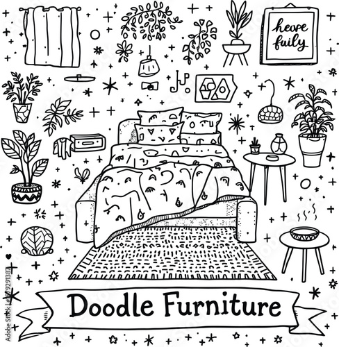 Cozy Bedroom Doodle  Black and White Illustration Featuring Bed, Lamp, Plants, Curtain, Framed Quote, and Decor in Whimsical Interior
