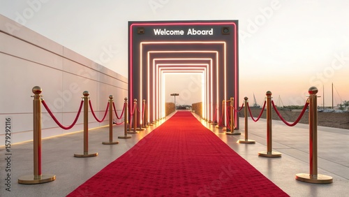 Red Carpet Event Entrance with Welcome Aboard Sign