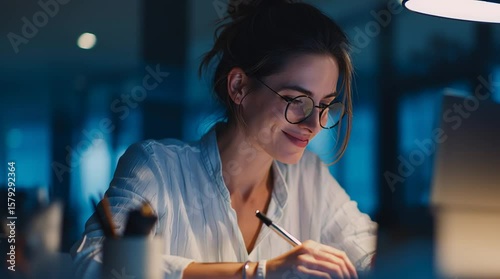 Dedicated Professional: A focused professional, illuminated by the glow of the workspace. she is writing with a smile. 