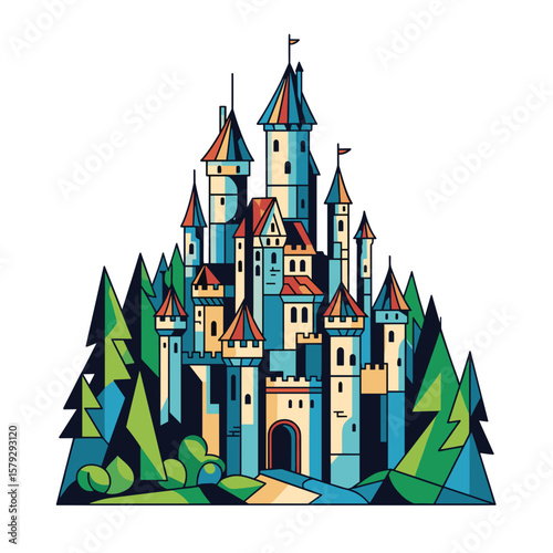 Colorful fantasy castle surrounded by tall trees and greenery  