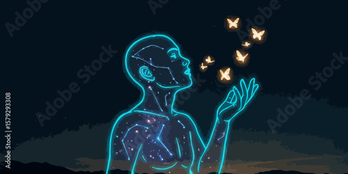 Ethereal Neon man in Blue and Gold Representing Dreams Against a Starry Night Sky with copy space