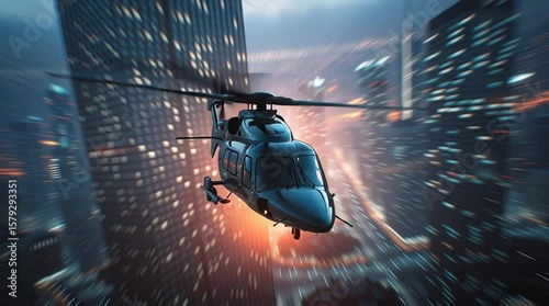 Aerial Ascent: A helicopter soars gracefully through the vibrant city at dusk, its blades carving through the atmosphere. Against the backdrop of towering skyscrapers.