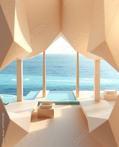 Geometric dreamscape overlooking the calm ocean, serene architectural vista
