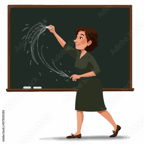 Cheerful Female Teacher Writing and Explaining Against a Green Blackboard Background