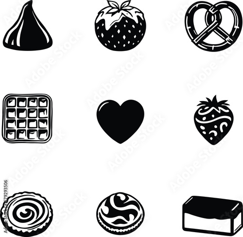 Whimsical Sweets Grid Monochrome Icons Featuring Chocolate Kiss, Dipped Strawberry, Pretzel, Waffle, Tart, Swirl Cookie, and Heart