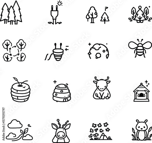 Whimsical Nature & Habitat Grid  Monochrome Icons Featuring Solar Plug, Bee, Cow, Giraffe, Tree Cycles, Flowers, Planet, and Eco Shelters