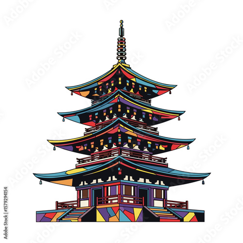 Colorful traditional pagoda illustration with intricate design  