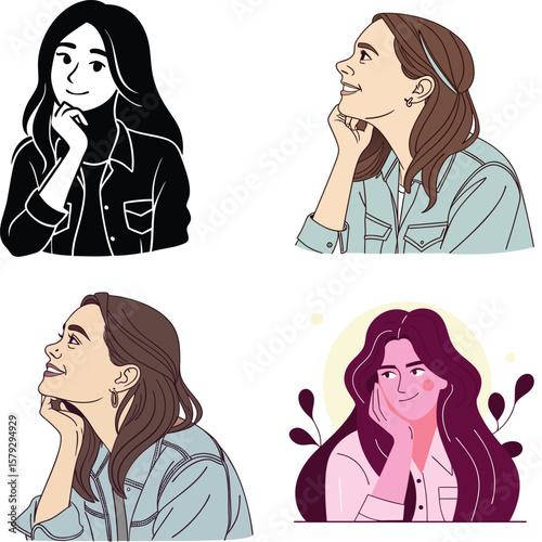 Four stylized illustrations of women in thoughtful poses with varying artistic styles