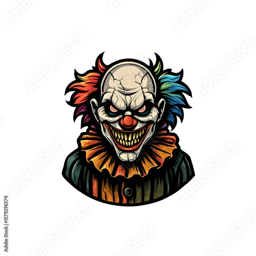 Enigmatic and eerie clown portrait. A sinister figure emerges from the darkness. Featuring a spine chilling grin, and striking colors in a hauntingly beautiful composition