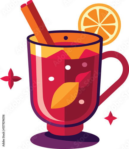 Fresh Bakery and Pastry Delicious Warm Mulled Wine in a Glass Mug with Orange Slice and Cinnamon Stick, Festive...