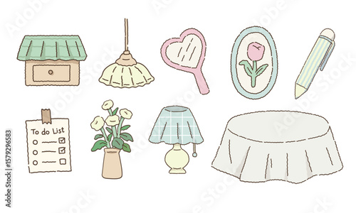 Hand-Drawn Cozy Home and Stationery Elements Set ,Mini Cabinet, Lamp, To-Do List,Interior Decor, Planner,