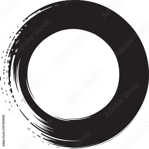Black ink brush stroke circle silhouette isolated on transparent background