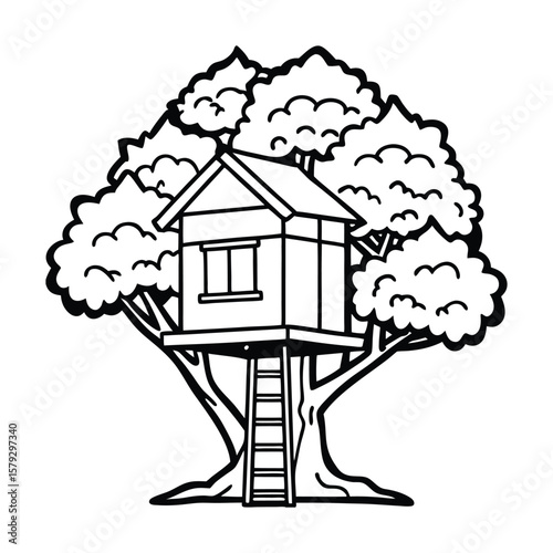 Architectural cartoon vector illustration of a house with a tree, depicting a whimsical home design under a clear sky