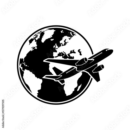 Black and White Minimalist Logo Design Featuring an Airplane and the Earth for Travel and Global Business