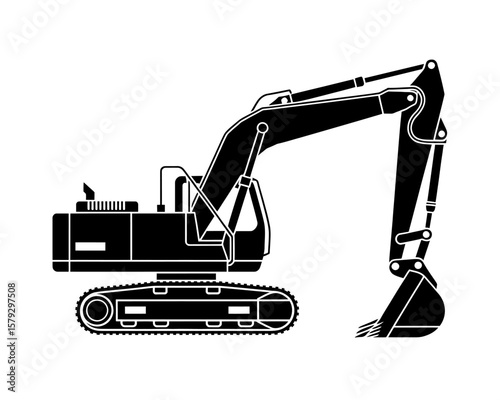 Black and White Excavator Silhouette A Detailed Illustration of Heavy Construction Equipment