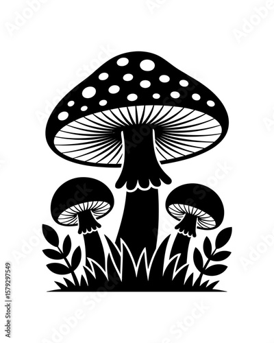 Elegant Black and White Silhouette Illustration of Mushrooms in Grass