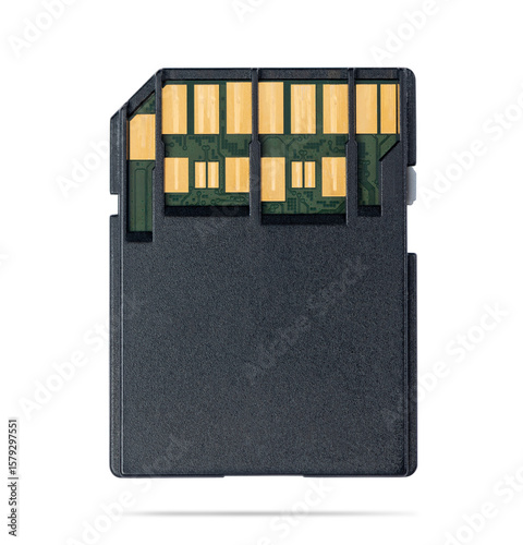 High-speed SD memory card with dual row contacts, supporting UHS-II interface for fast data transfer. Ideal for professional cameras and 4K video recording, on transparent background. 