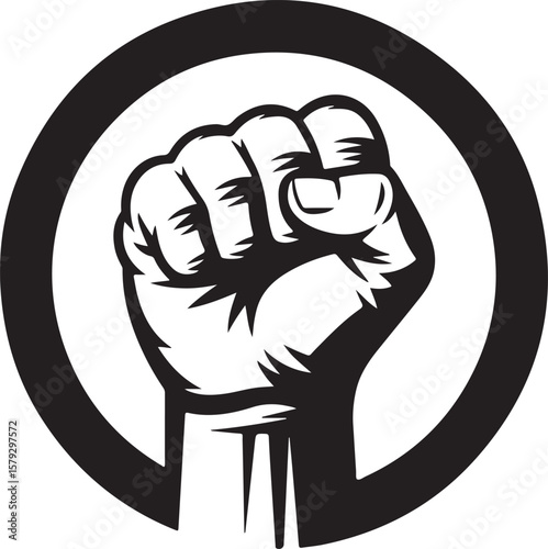 Black clenched fist raised inside a circle silhouette isolated on transparent background