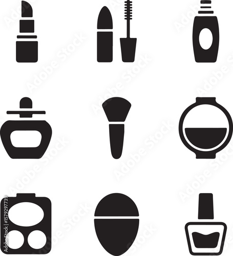 Collection of cosmetic product icons in silhouette isolated on transparent background