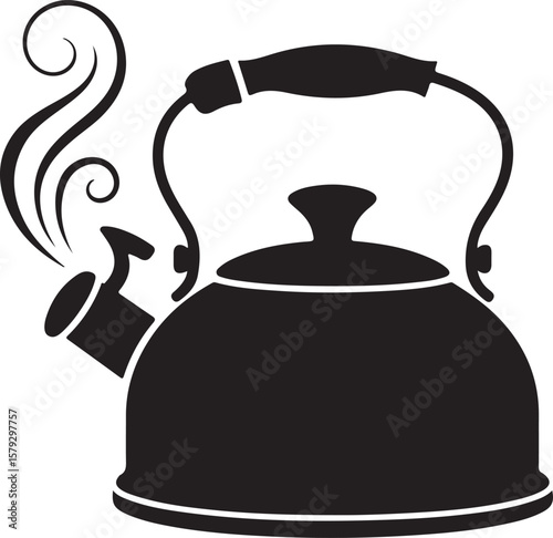Black silhouette of a steaming kettle with a curved handle isolated on transparent background silhouette