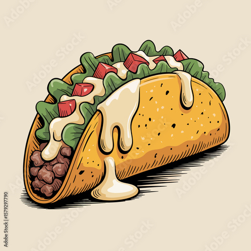 Deliciously messy taco overflowing with fresh toppings and creamy sauce