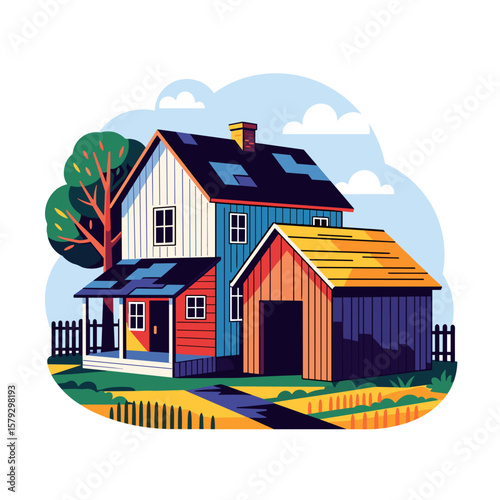 Colorful two-story house with garage and tree in sunny landscape  