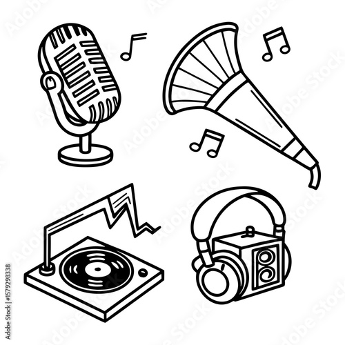 Collection of vintage and modern music equipment icons in a simple line art style