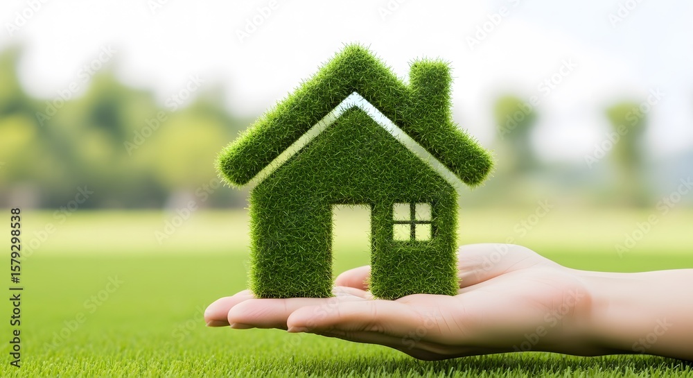 Sustainable Home Concept Grassy House in Hand Representing Eco-Friendly Living and Green Initiatives Sustainable Home Concept Grassy House in Hand Representing Eco-Friendly Living and Green Initiatives