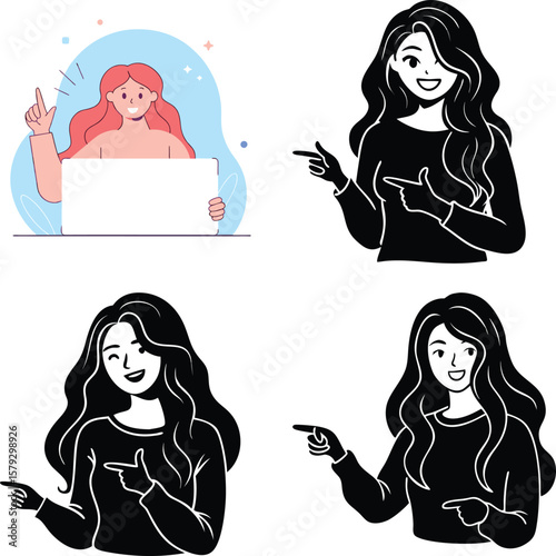 Diverse women pointing and presenting information with enthusiasm