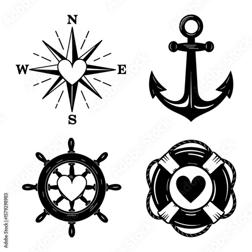 Marine heart icon set of anchor and compass vector.