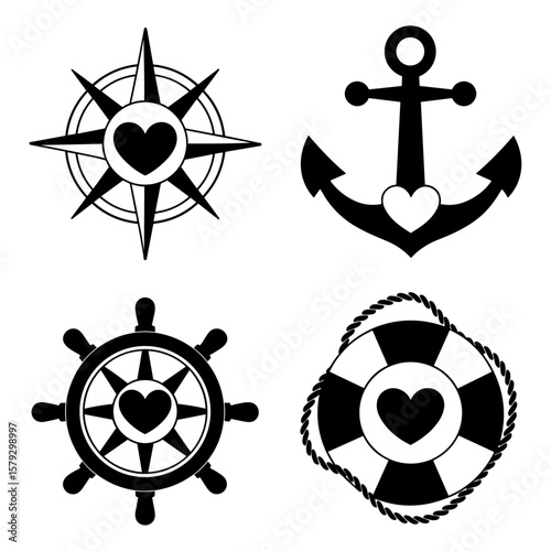 Marine heart icon set of anchor and compass vector.