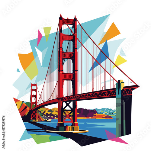 Golden Gate Bridge illustration with colorful abstract background  