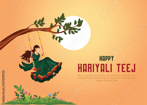Abstract vector design for Indian festivals Hariyali Teej and Hartalika Teej, showcasing vibrant colors, festive swings, and cultural motifs for greeting cards, posters, and banners