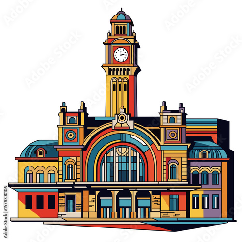 Colorful illustration of a historical train station with clock tower  