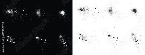 Bloodstain set of paint brush stroke drip splatter and black and white vector grunge template background set. Ink grunge blood vector brush stroke black and white paint splatter blots background set