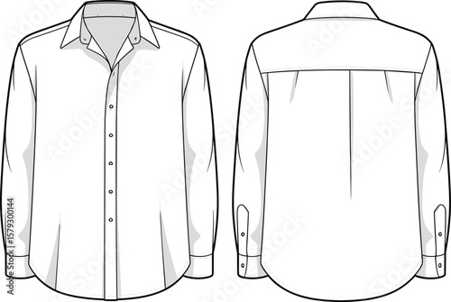 Men's classic long sleeve dress shirt flat sketch illustration, formal and casual wear, fashion CAD drawing, versatile apparel template.