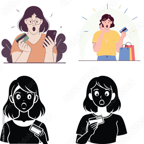 Surprised woman holding credit card and phone with shopping bags