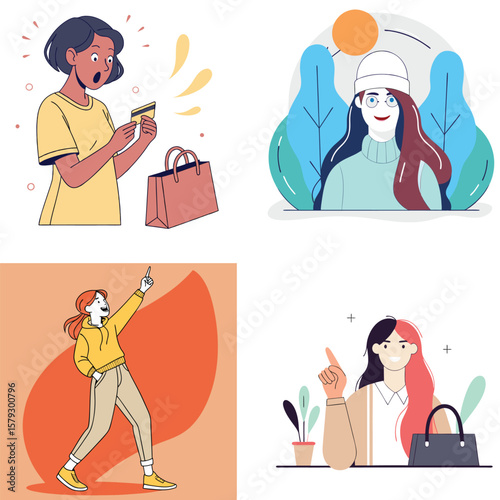Diverse women in modern flat illustrations showcasing shopping and confidence