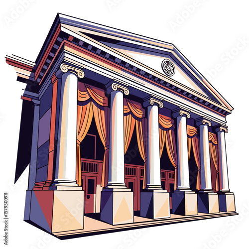 Classical building with columns and draped curtains in vibrant style  