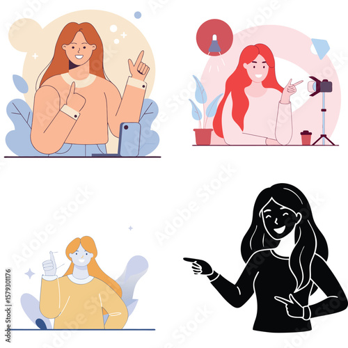 Diverse women expressing positivity and engagement through gestures and content creation