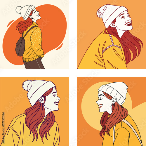 Joyful young woman in winter attire with red hair and beanie