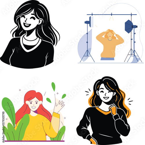 Diverse women posing and posing for photoshoot in studio and nature