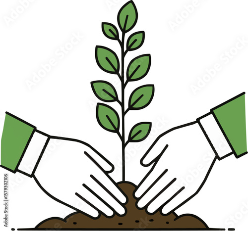 Hands Planting a Tree in Soil Illustration, Environmental Conservation Concept