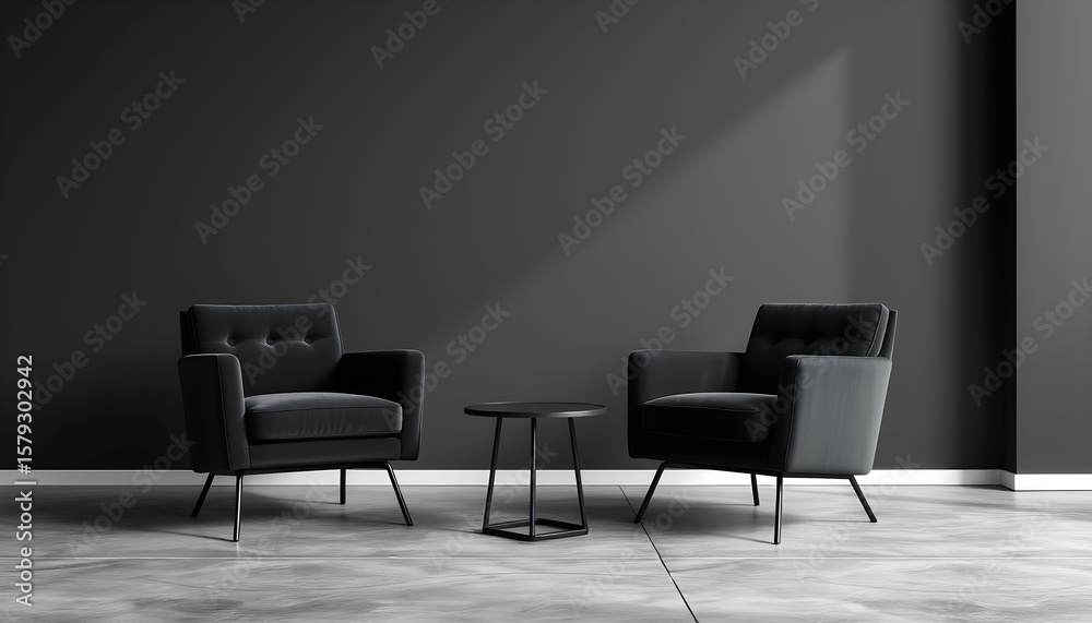 Empty modern room with two dark velvet armchairs and a small table, bathed in subtle sunlight. Empty modern room with two dark velvet armchairs and a small table, bathed in subtle sunlight.