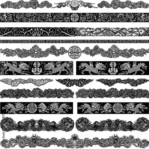 Decorative black and white ornamental borders with intricate patterns  