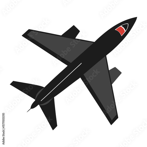 A sleek black airplane vector flying northeast at a sharp angle, dynamic travel.