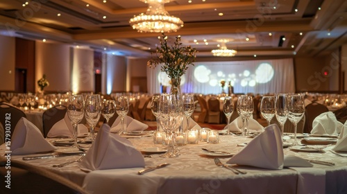 A corporate gala set up in a grand hotel ballroom with banquet tables and lighting